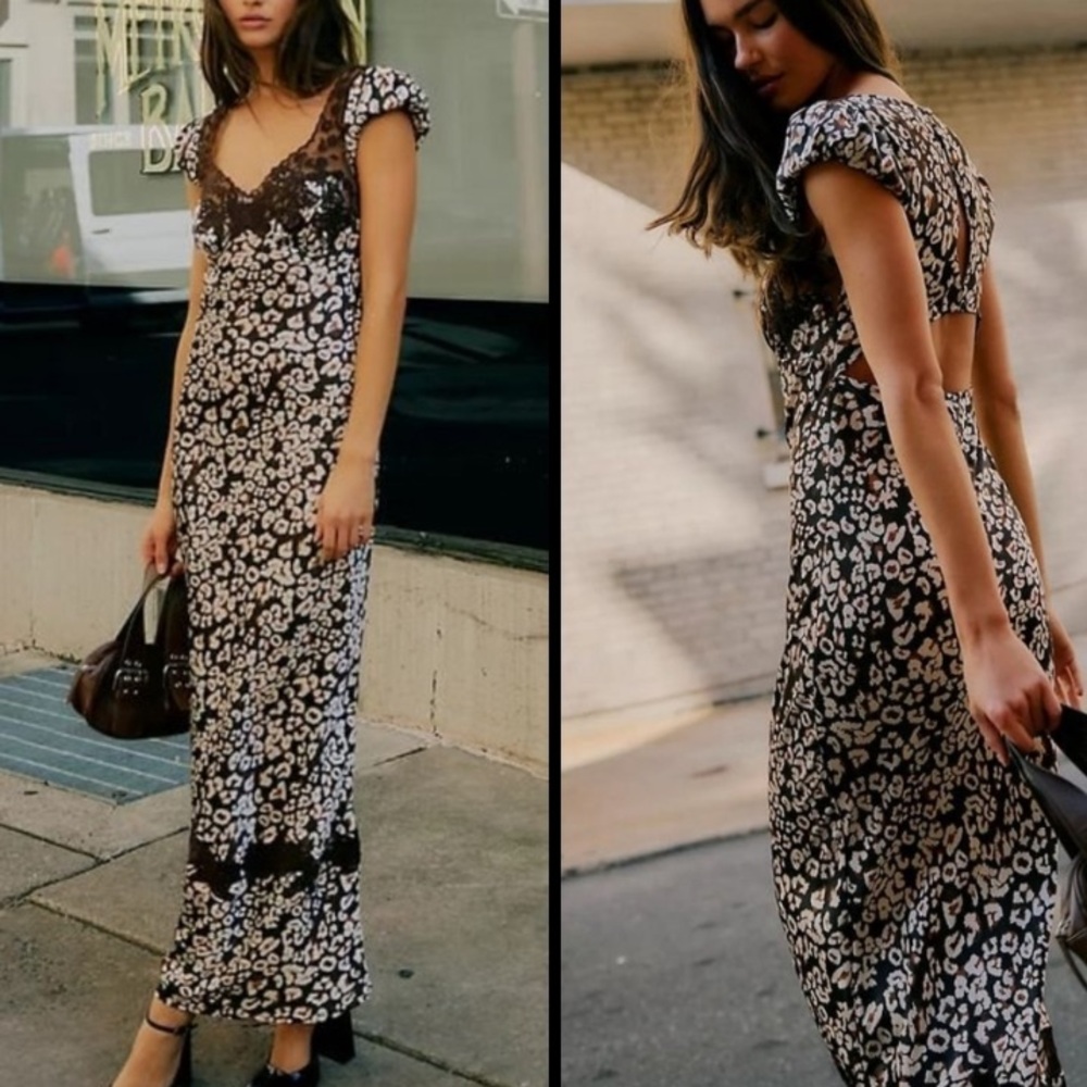 Free People butterfly babe cheetah animal print Lace-Trim Maxi Dress S small new